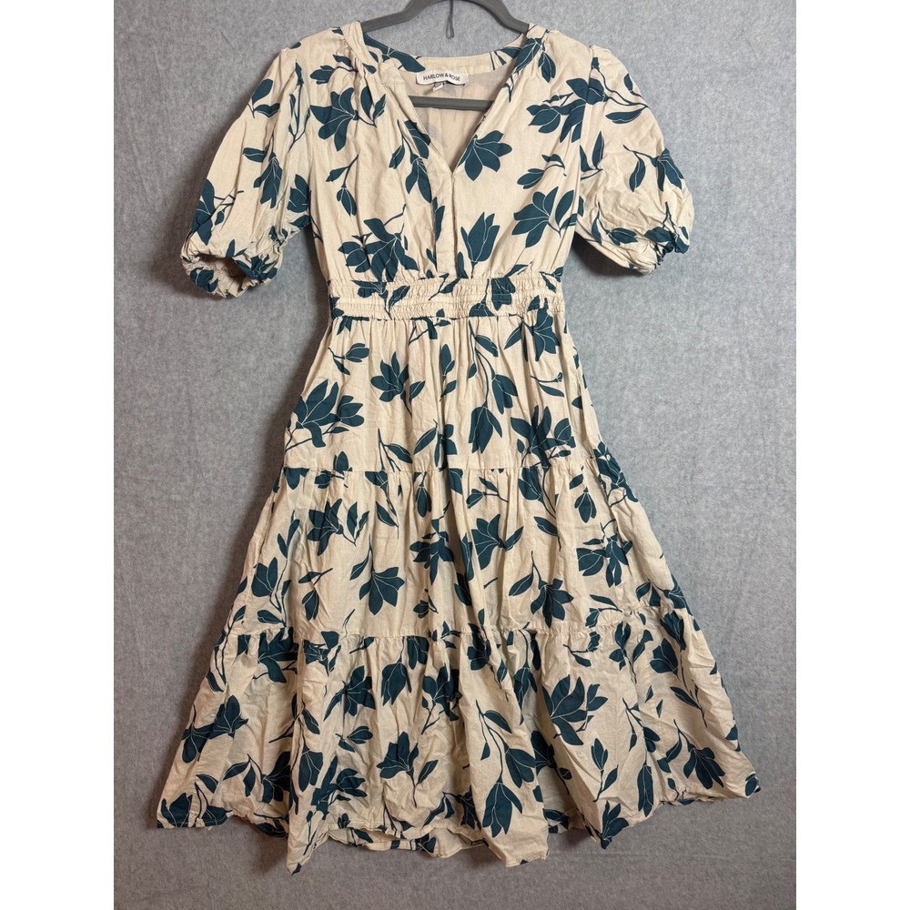 Harlow & Rose Women Floral Leaf Print Cotton Midi Dress V-Neck Puff Sleeve Small